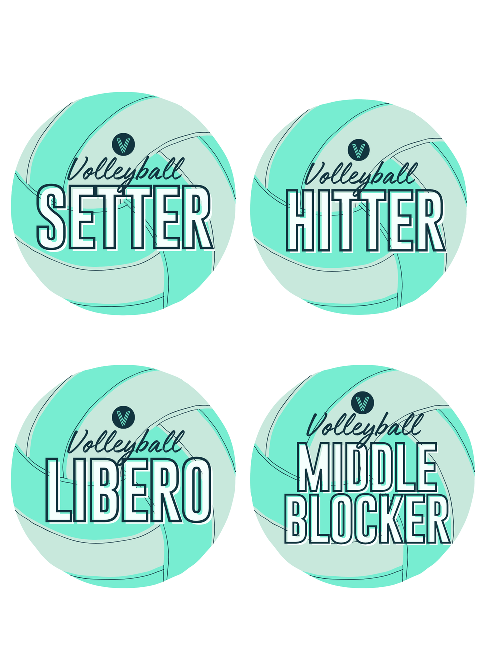 Four volleyball designs labeled 'Setter', 'Hitter', 'Libero', and 'Middle Blocker' on a white background.
